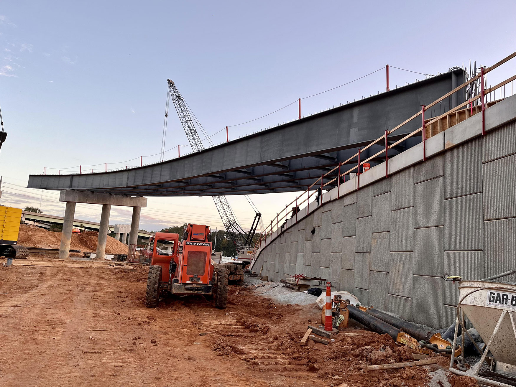 The first segment of girders for the bridge that will take traffic from Colonial Life Boulevard to I-126 WB can be seen above an MSW wall for the future I-26 connection.