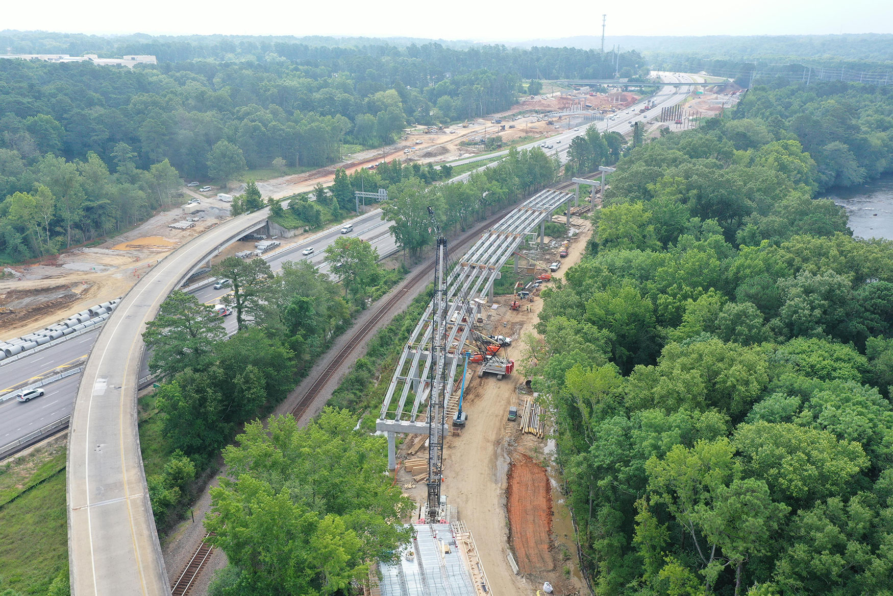 Concrete girders being installed on Bridge 35, which will connect I-26 westbound to I-126 eastbound.