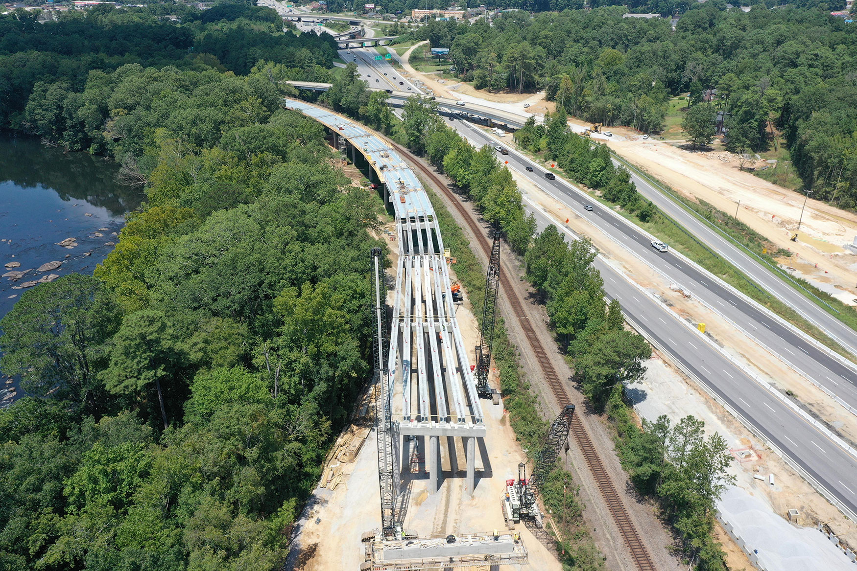 Concrete girders and stay-in-place forms are being installed on Bridge 35, which will connect I-26 westbound to I-126 eastbound.