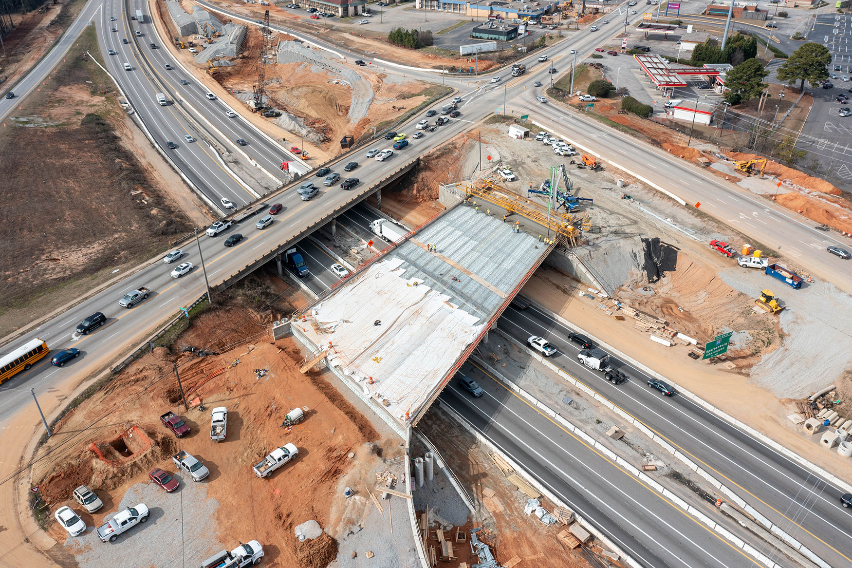An aerial view of the new and expanded bridge deck for Broad River Road. 