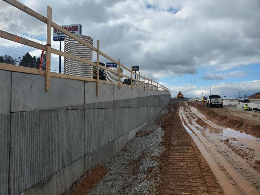 Street-level view of a new retaining wall. 