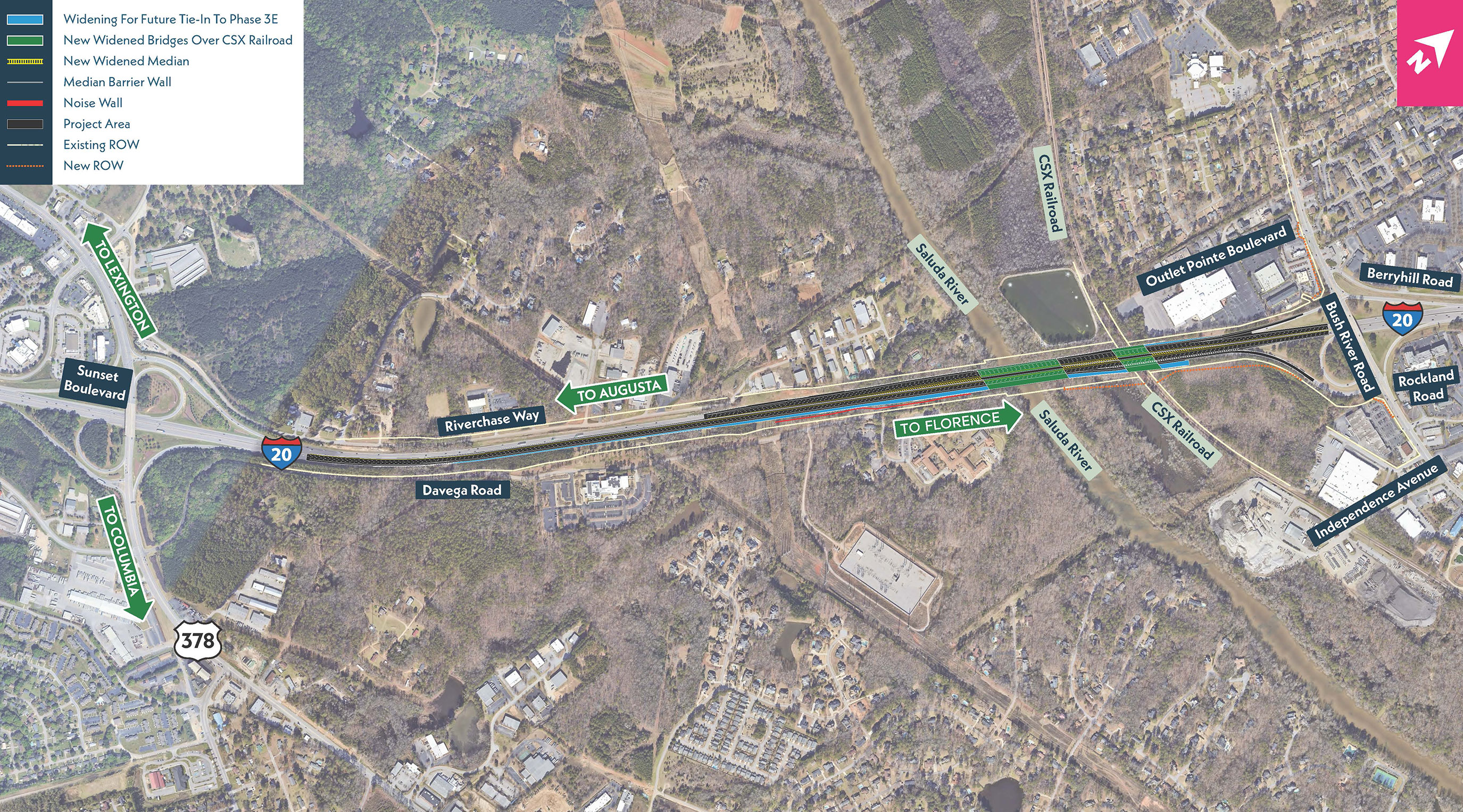 =Aerial map of the I-20 Phase 3C project showing the project area, new and existing right-of-way, widened median, noise walls, and new bridges over the CSX railroad, with nearby roads and the Saluda River labeled.