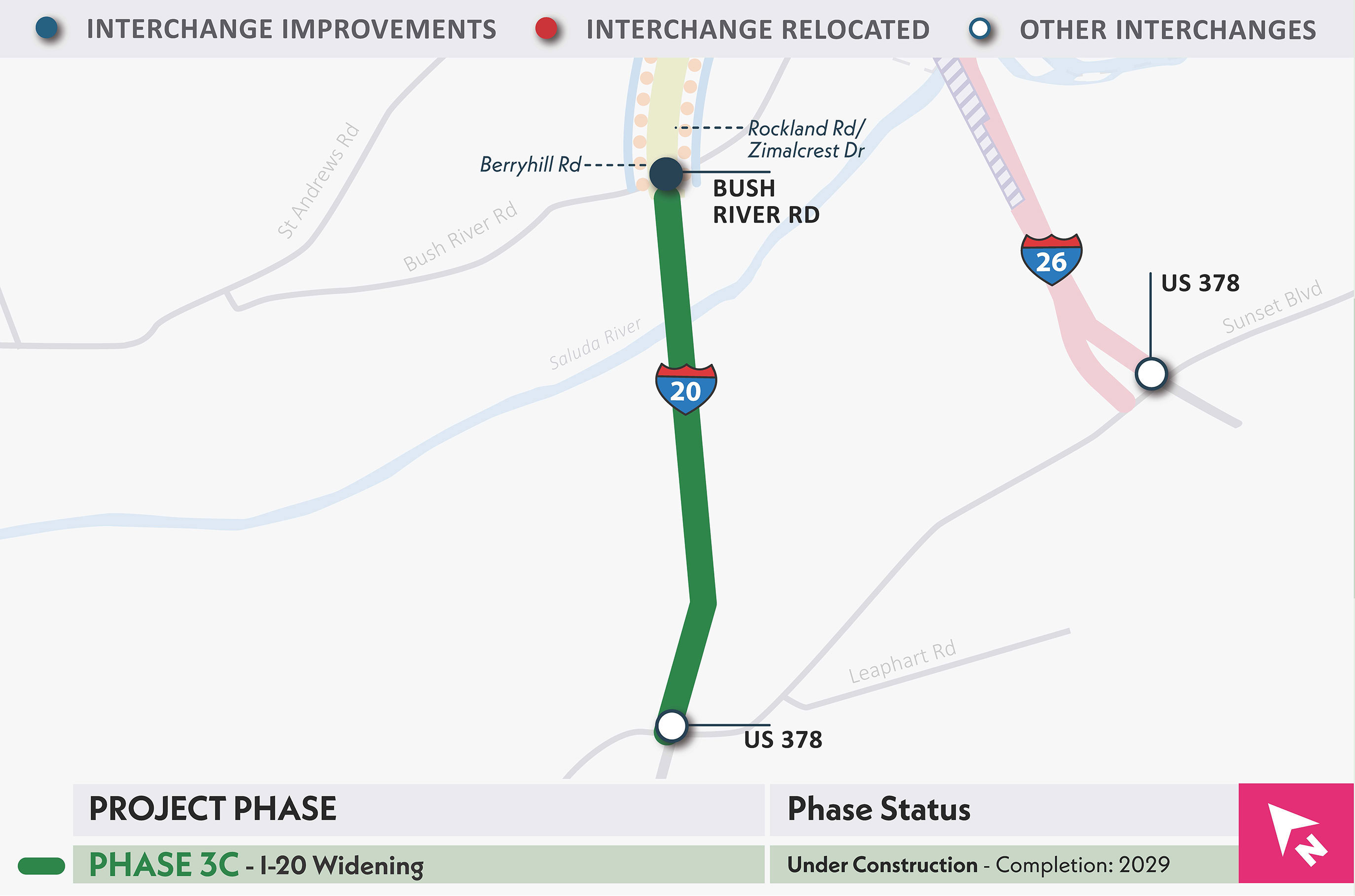 Map showing the I-20 Phase 3C widening area with nearby roads, interchanges, and locations of bridge replacements and future improvements.